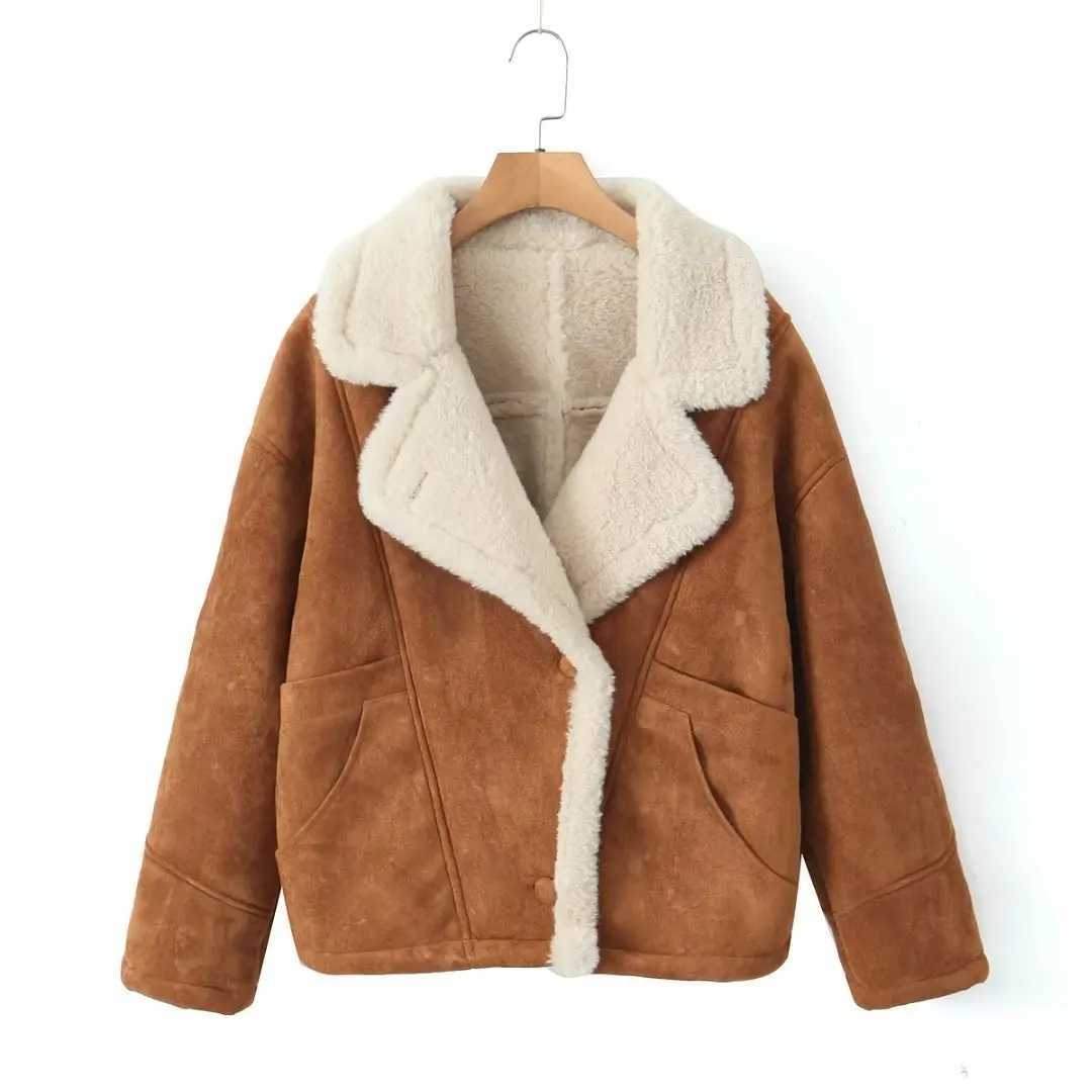 Maxdutti 2023 French Vintage Lamb Fleece Coat Lapel Parka Coat Loose Winter Jacket Women Fashion BloggerX241018