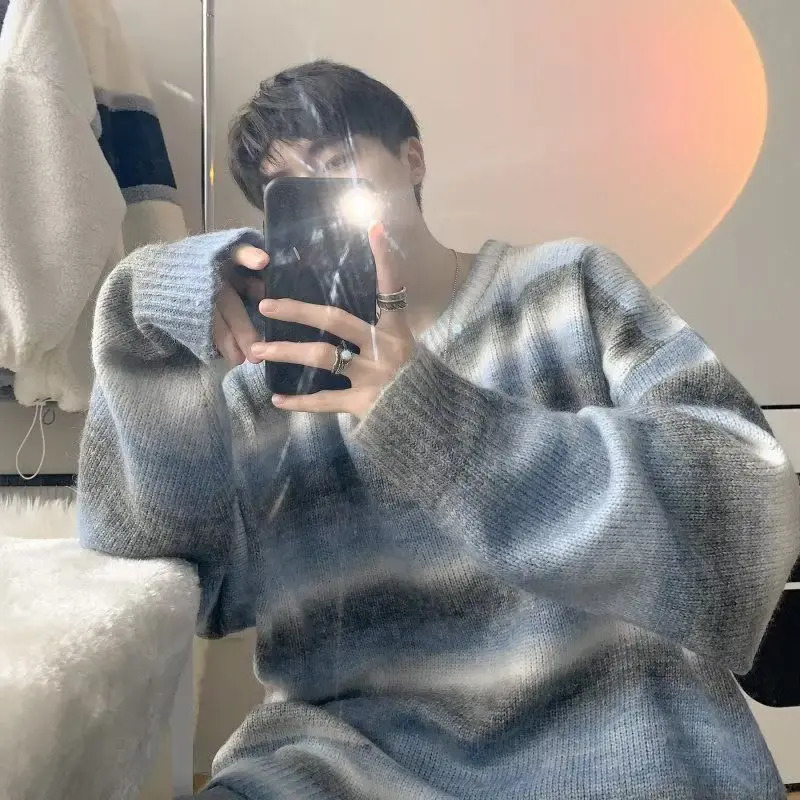 Gradient Sweater Mens Korean Version Trendy Loose and Lazy Style Line Jacket Cool Versatile Round Neck Knitted 241018