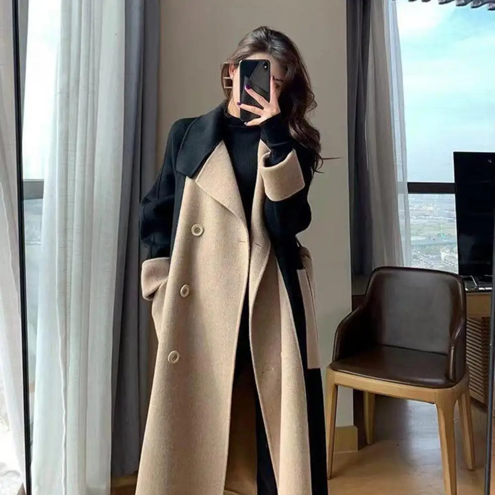 Elegant Doublebreasted Women Woolen Coat Autumn Winter Womens Long Style Contrasting Color Temperament Overcoa 241018