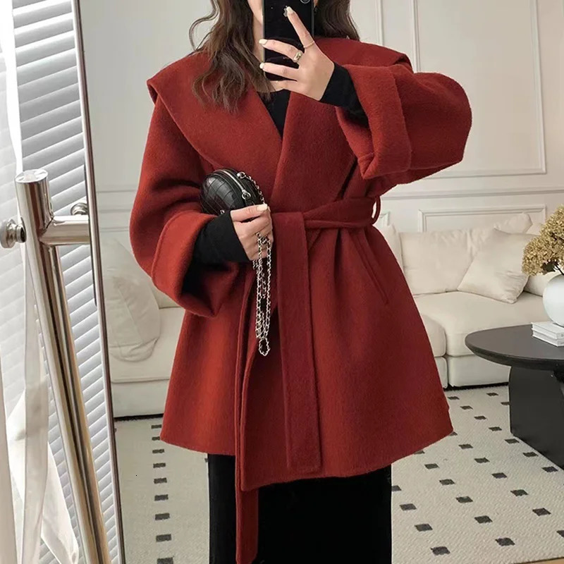 Autumn Winter Real Wool Coat Soft Medium Length Hooded Women Fashion Belted Loose 241018