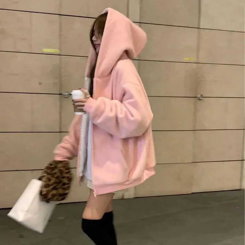 Pink Plus Velvet Hooded Sweatshirts Women Autumn Winter Zipper Thicken Warm Hoodies Woman Korean Student Lamb Wool CoatX241018