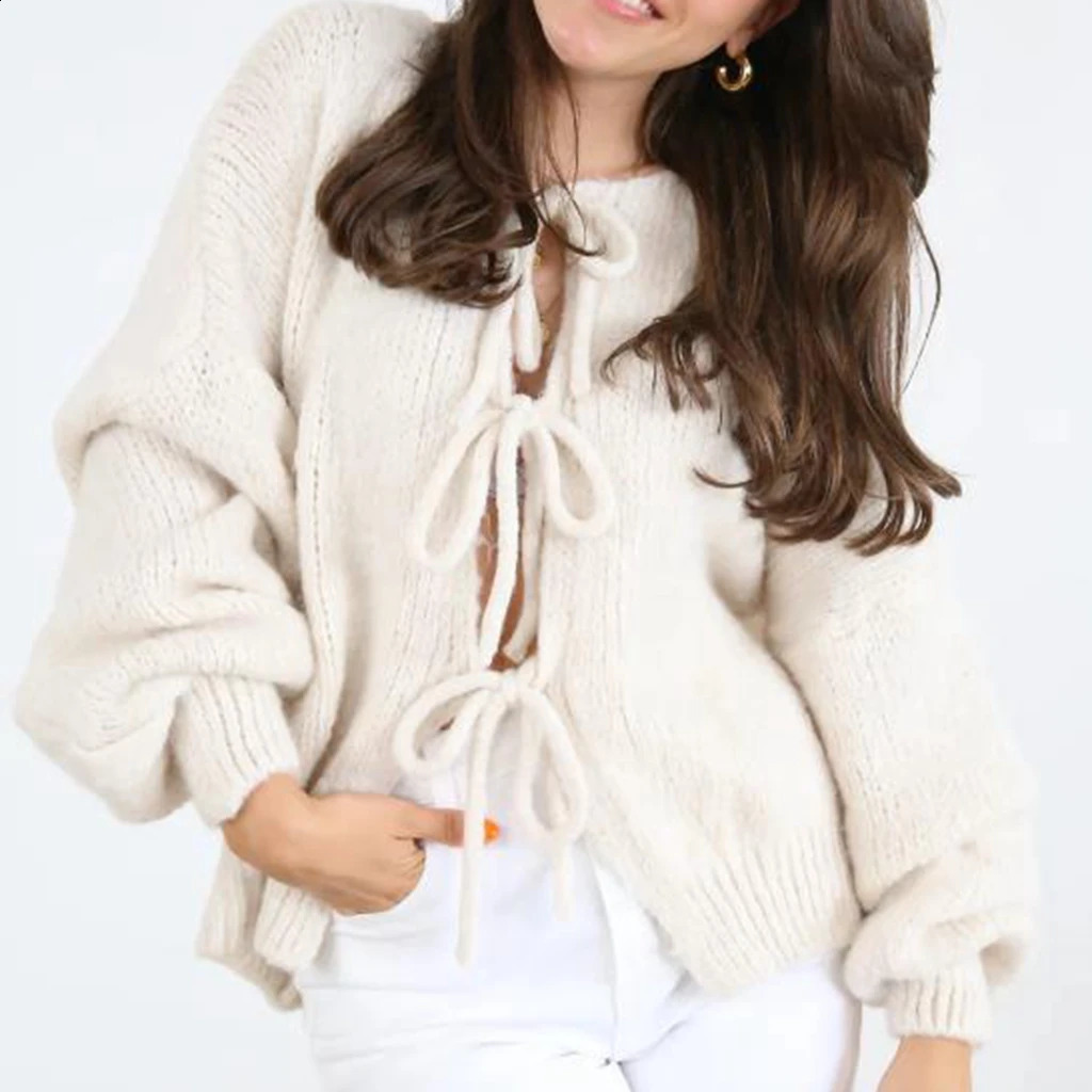 Combhasaki Womens Y2K Cute Kawaii Knitted Loose Cardigan Front Bow Tie-up Long Sleeve Solid Color Aesthetic Fall Jacket Sweater 241010