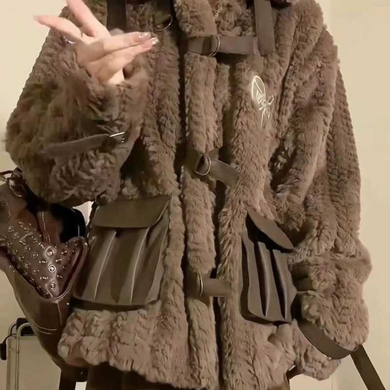 GIDYQ American Retro Lamb Wool Cotton Coat Women Winter Warm Stand Up Collar Long Sleeve Jacket Fashion Loose Plus Fleece TopX241018