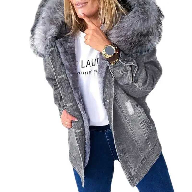Winter Fur Jacket Women Denim Coats Faux Hooded Jean Thick Long Sleeve Frayed Overcoat Outwear Vintage Cotton Female CoatX241018