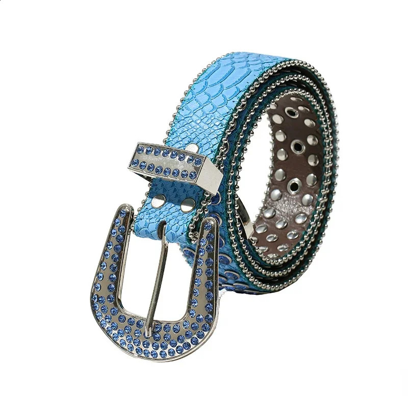 rhinestone personalized womens belt fashion punk style blue pin buckle clothing accessories drilling er BB belt 241018
