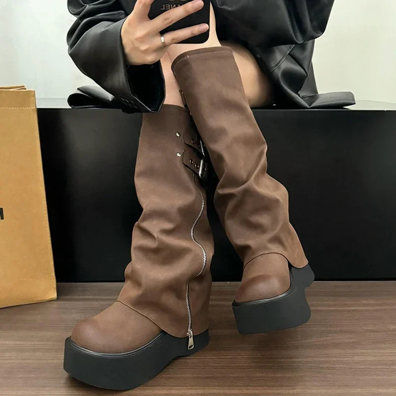 Short and chubby womens knight high heels fashion platform flat shoes long boots autumn womens western cowboy shoes241018bj