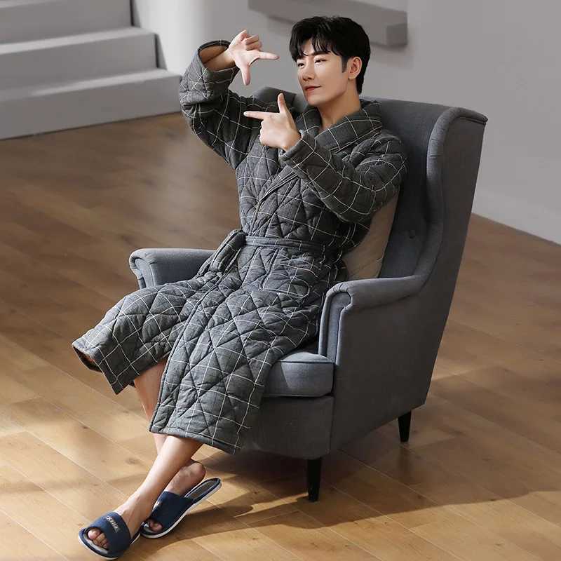 New Winter Cotton-Padded Robe Kimono Bathrobe Gown Thickened Warm Sleepwear Nightwear Loose Print Stripes Home Wear LoungewearXJ241018