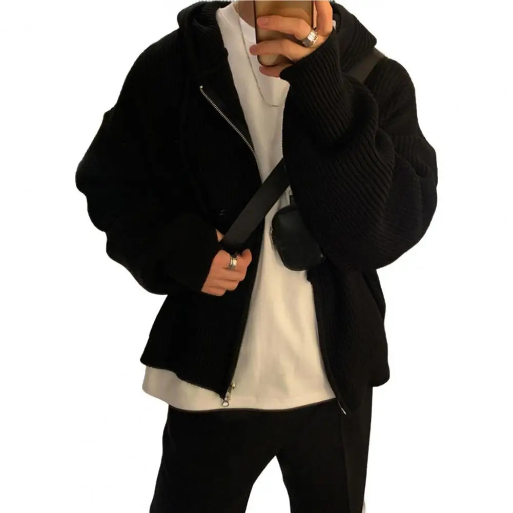 Men Fall Winter Sweater Coat Hooded Drawstring Loose Zipper Closure Long Sleeves Retro Knitted Jacket 241018
