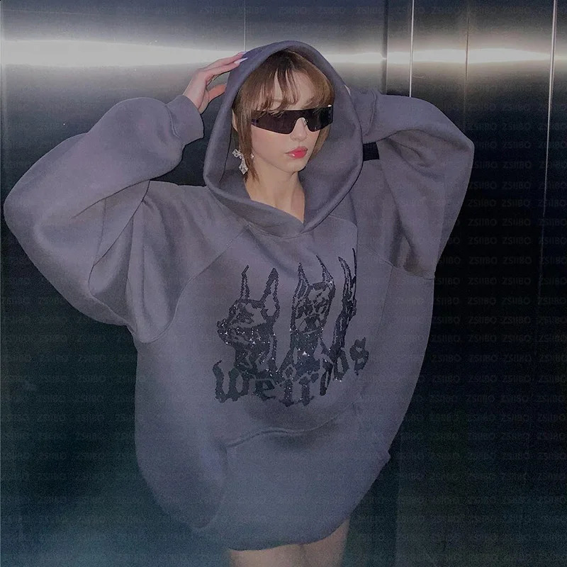 Y2k Hip Hop Rhinestone Gothic Grunge Graphics Pullover Hoodies Harajuku High Street Hooded Grey Sweatshirts Coats Streetwear Top 241017