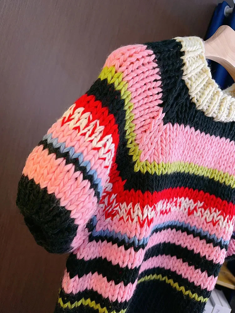 Multicolor Striped Handmade Jumper Sweet Rainbow Wool Blended Color Block Knit Tee Short Sweater AutumnWinter Woman Knitwear 241010