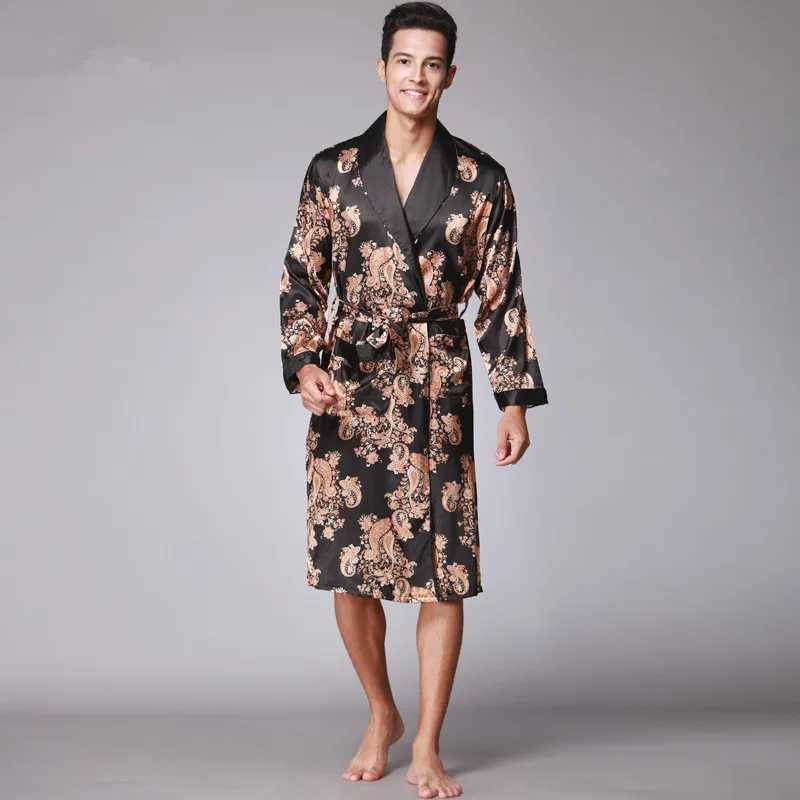 Luxury Chinese King Dragon Men Robe Print Satin Silk Pajamas Kimono Long Bathrobe For Men Home Wear ClothingXJ241018