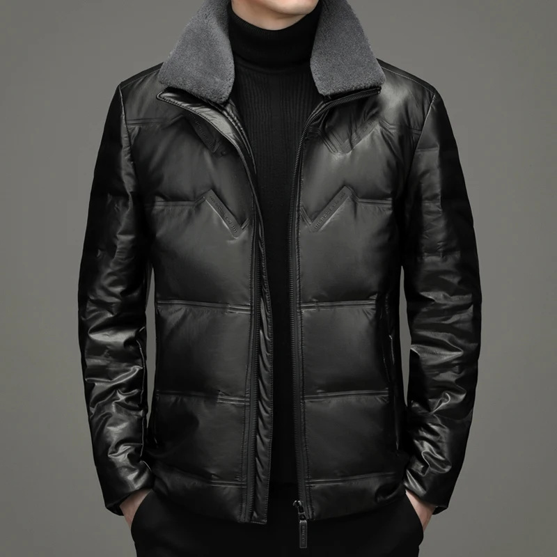 Leather Haining Down Jacket Men's Short Lapels Detachable Fur Collar Thickened Warm High Quality Coat Men