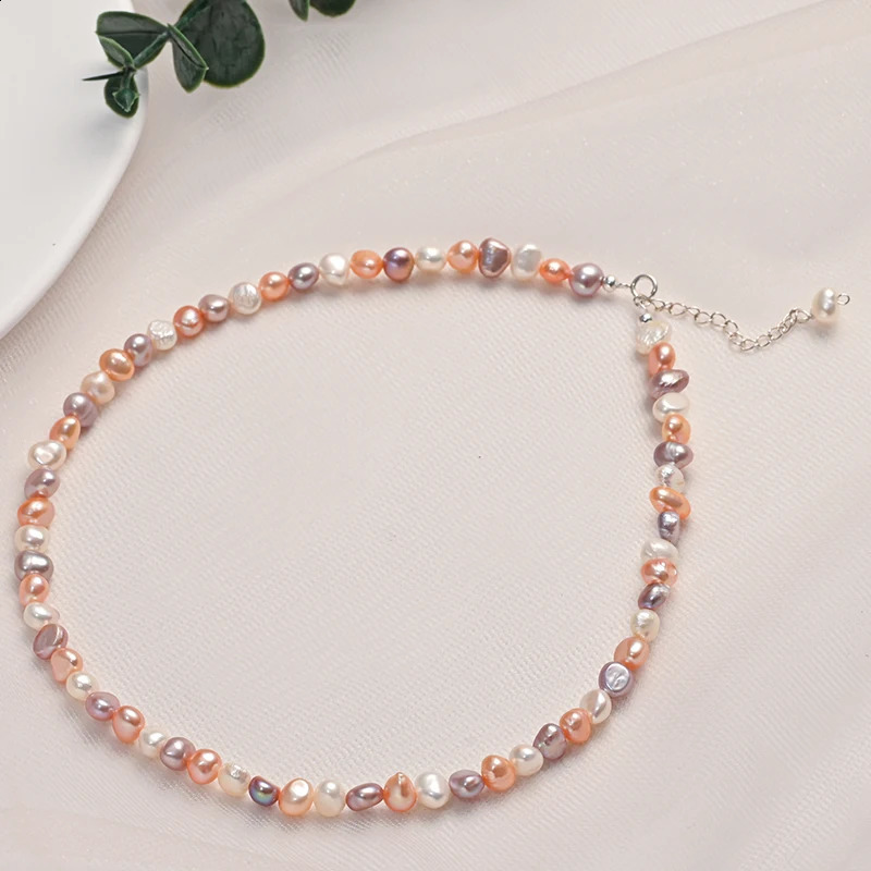 5-6mm natural freshwater pearl Baroque shaped mixed color necklace S925 pure silver chain exquisite jewelry gift 241017