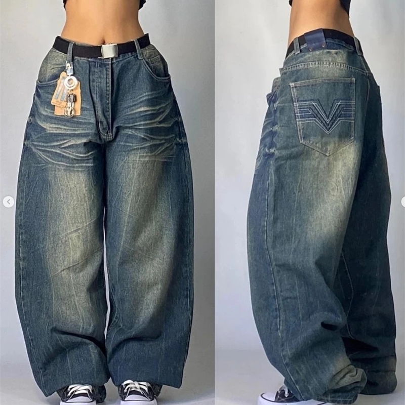 American Hip Hop Retro Gothic Print Jeans Women Y2K Street Selling Fashion Loose Straight Wide Leg Pants Unisex Joker Jeans 241017