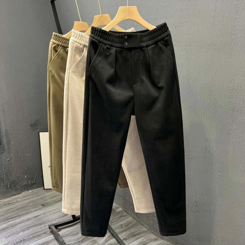 Simplicity Trend Casual Autumn And Winter Men Woolen Solid Elastic Waist Pockets Button Korean Fashion Loose Pencil Pants 241018