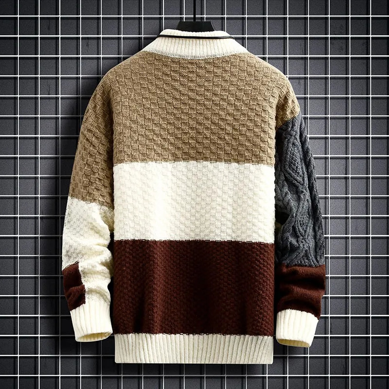 Fashion mens warm knitted sweater patch work O-neck knitted pull-out autumn Korean street clothing pull-out casual mens clothing 241018