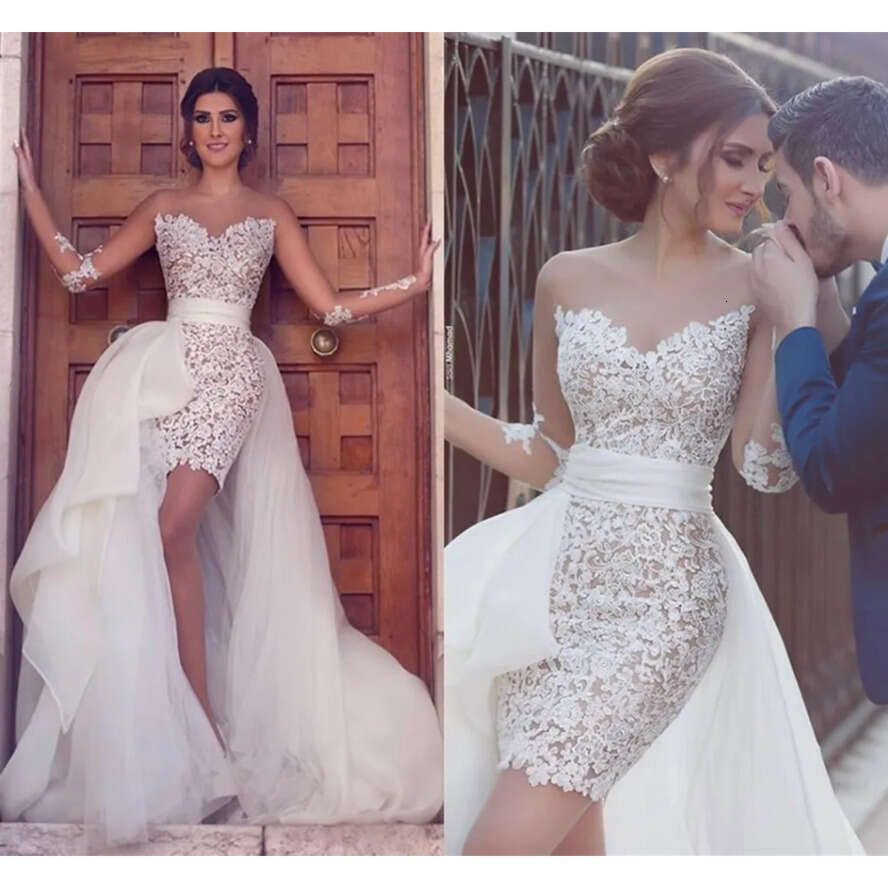 Short Arabic Wedding Sexy Dresses A E Jewel Neck Illusion Long Sleeves Lace Appliques Hi Lo Overskirts Plus Size Formal Bridal Gowns ppliques
