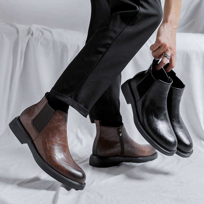 Martin Boots Mens British Style High Ankle Boots Business Dress Leather Shoes Mens Low Top Black Pointed Chelsea Fashion Boots 240927