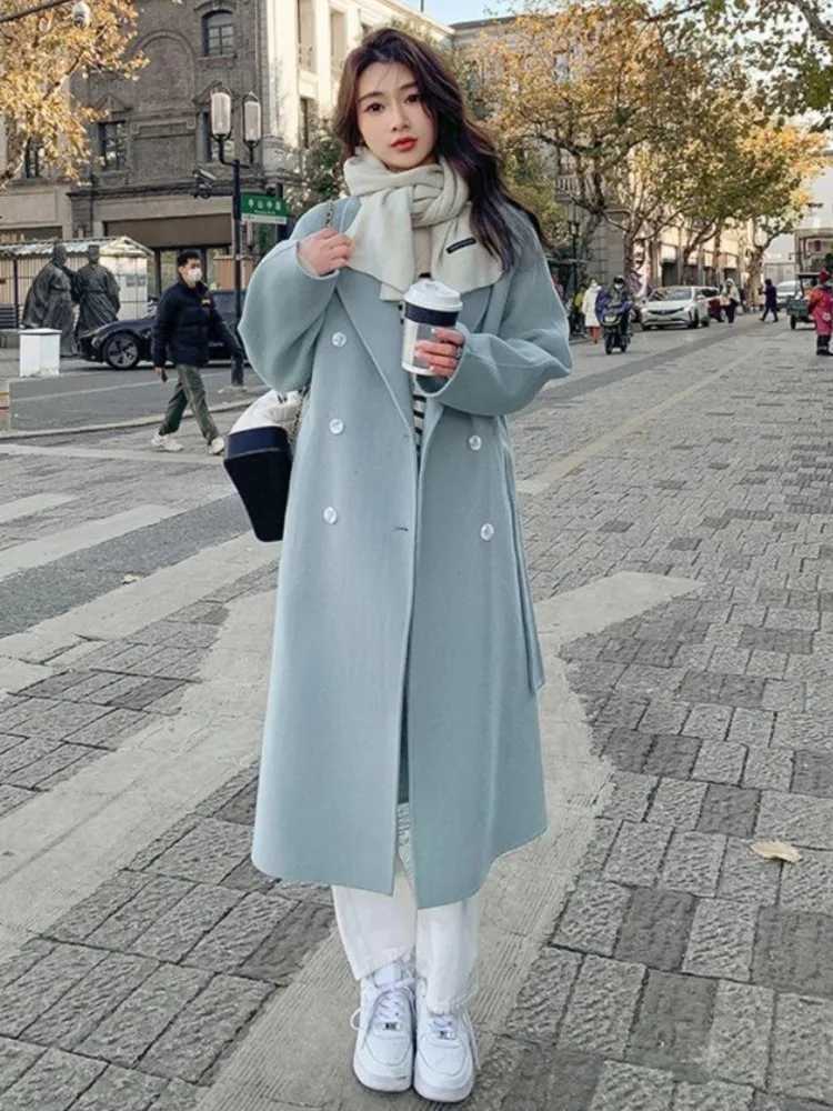 Autumn Winter Loose Woolen Coat for Women Casual Solid Outerwear with Belted Korean Fashion Chic Female Overcoat Clothes NewX241009