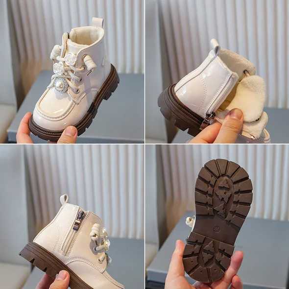 Boots Girls fashion boots 2024 beige floral flat bottom girls baby cotton shoes autumn black anti slip short childrens baby boots H241018