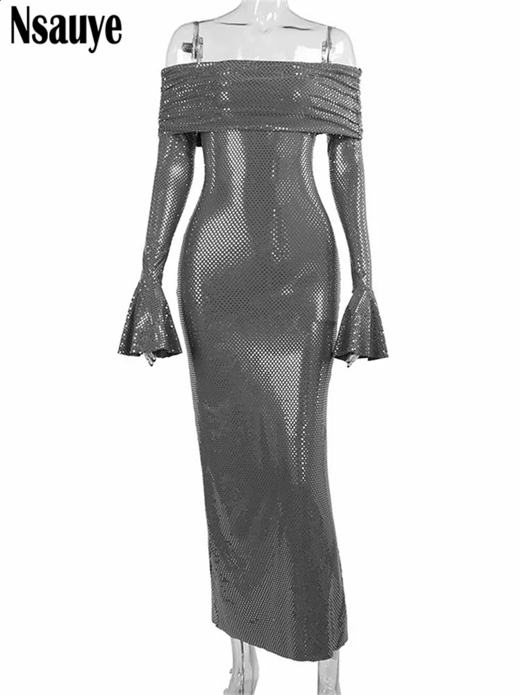 Nsauye Women Clothes Long Sleeve Winter Off Shoulder Elegant Sexy Bodycon Dress Evening Fashion Party Dress Long Night Club 241017