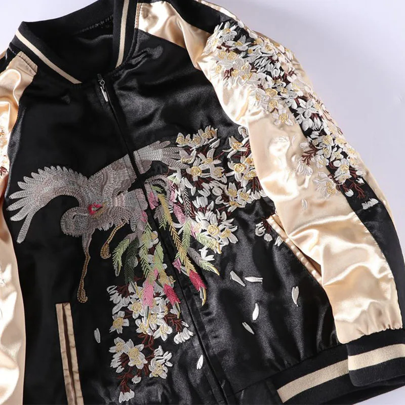 Yokosuka Embroidery Baseball Jacket Men Women Patchwork Color Silk Double Sided Bomber Coat 241018