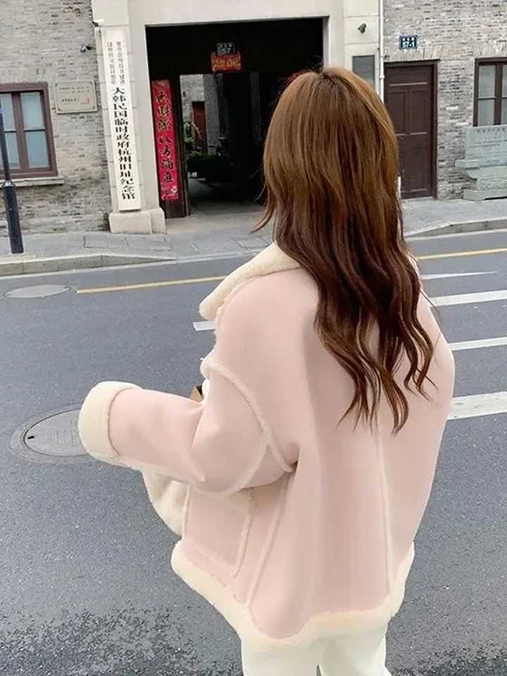 Winter Warm Plush Thicken Casaco Casual Classic Lamb Wool Lined Jacket Overcoat Women Korean Chic Single Breasted New Coat 2023X241018
