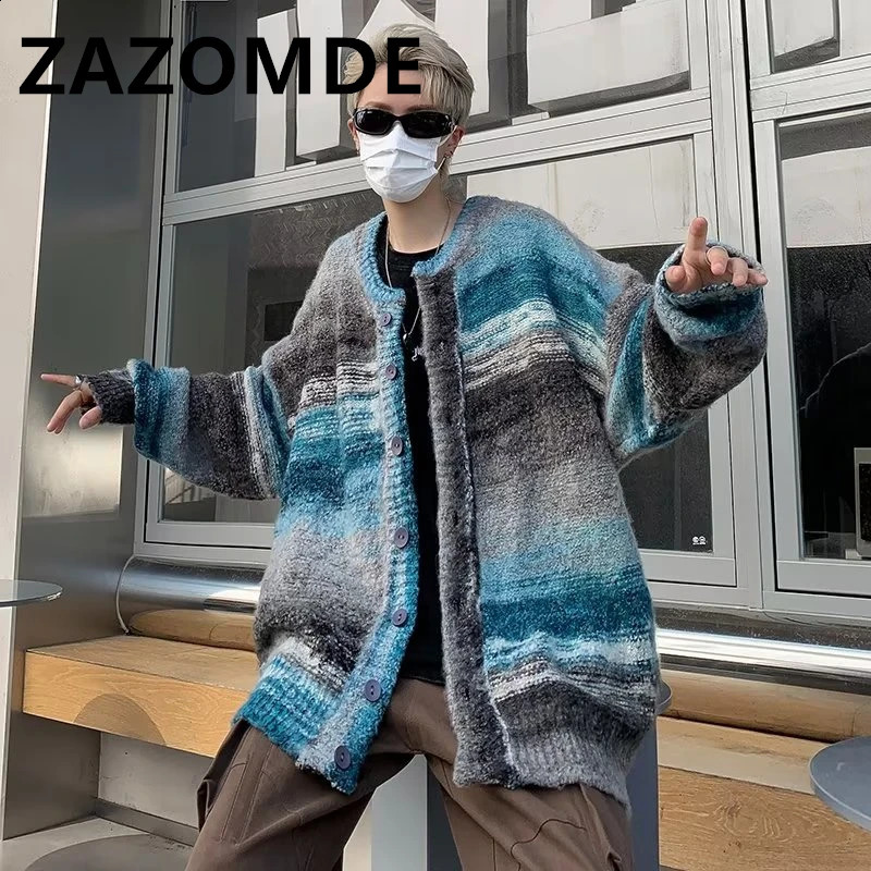 ZAZOMDE Mens Knitted Hip Hop Y2K Sweater Loose V-neck Single Chest Strap Knitted Striped Open Woolen Sweater Winter Coat 241007