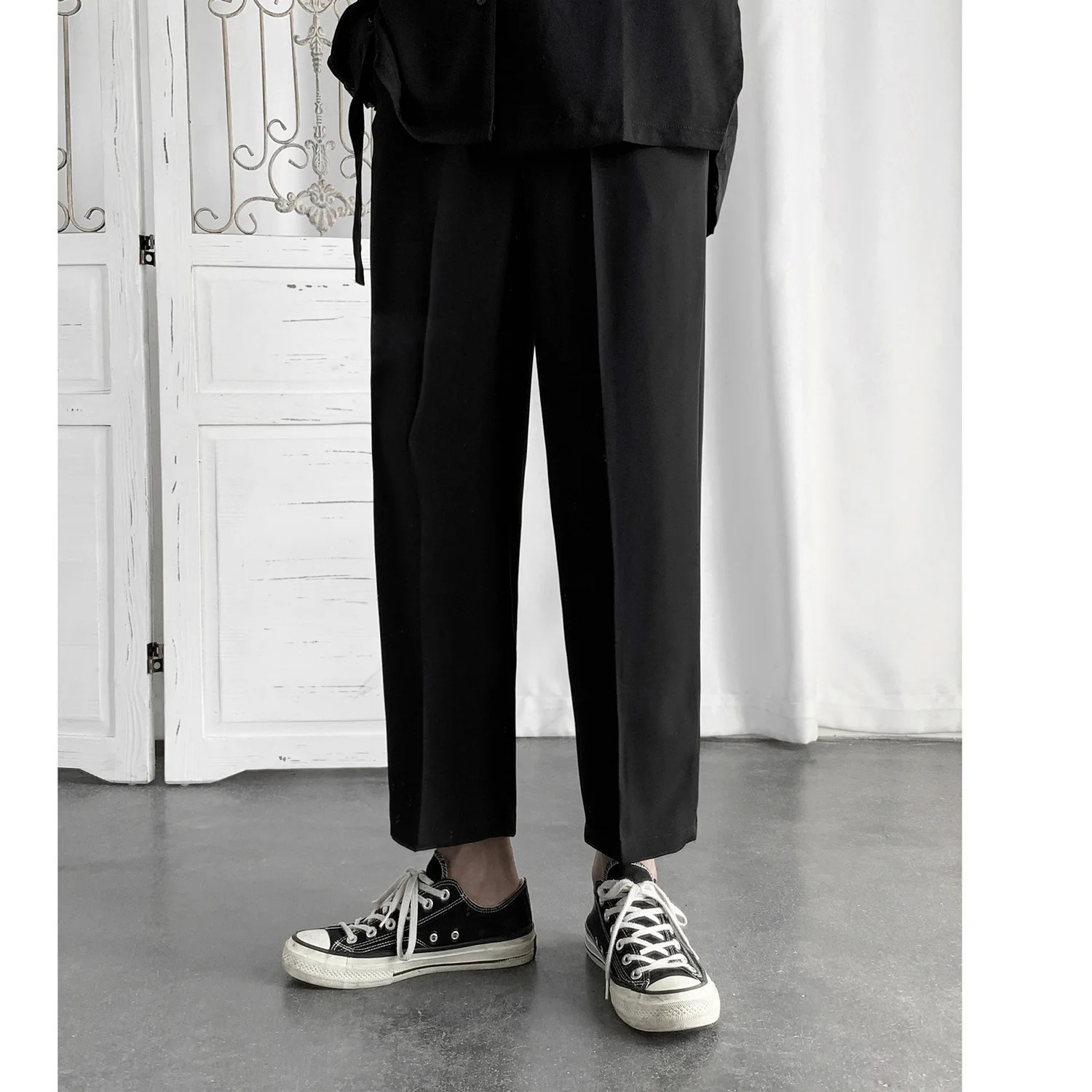 Spring Korean Style Insdull Black Casual Cropped Pants Loose Fit Versatile Straight Leg Bell Bottoms For Men 241018