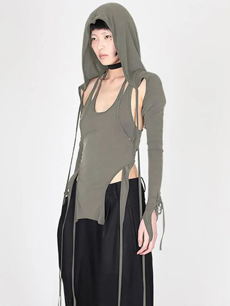 Womens Gothic Curtains Hollow Bandage Hoodie Harajuku Aesthetics Slim Fit Long Sleeve Irregular Top Garbage Tshirt 241018