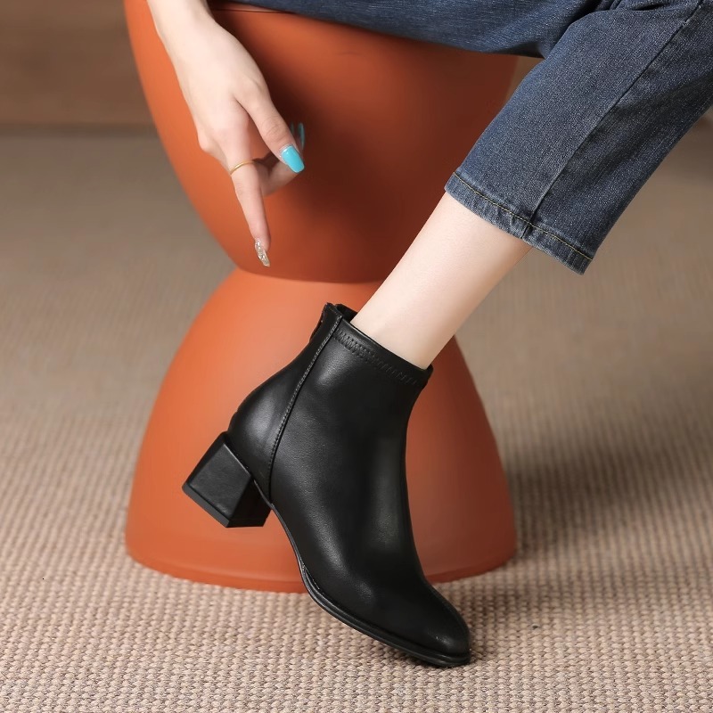 coarse heeled short boots for women 2024 spring and autumn single boots fashionable french high heels slim boots martin small round toe white womens b
