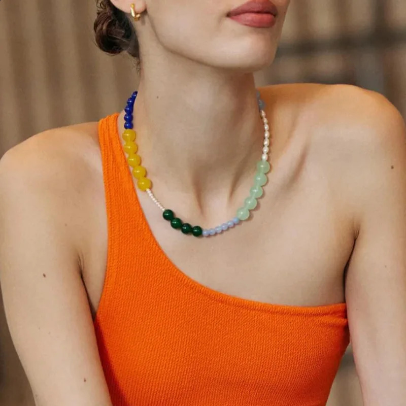Classic colored natural stone freshwater pearl beads with high-end feel irregular dopamine necklace collar chain sweater necklace 241018