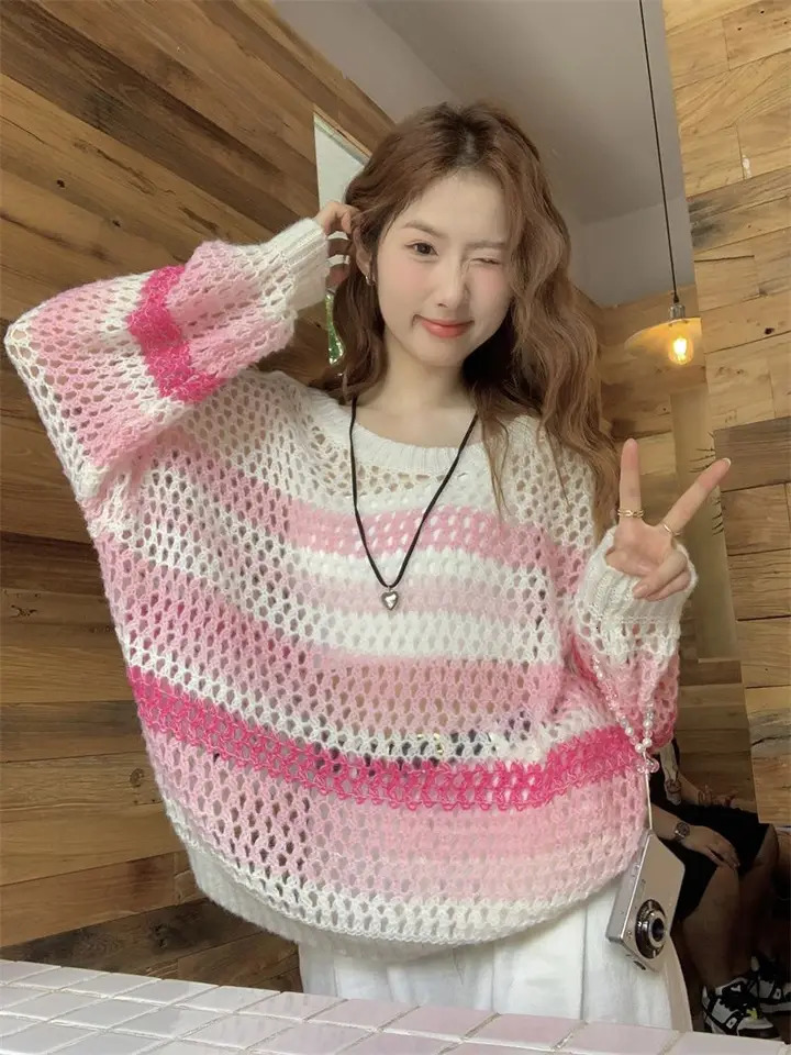 Pink Long Sleeve Tshirt Women Summer Thin Section Hollow Ice Silk Knit Sunscreen Coverall Korean Loose Tops Rainbow Stripes 241018
