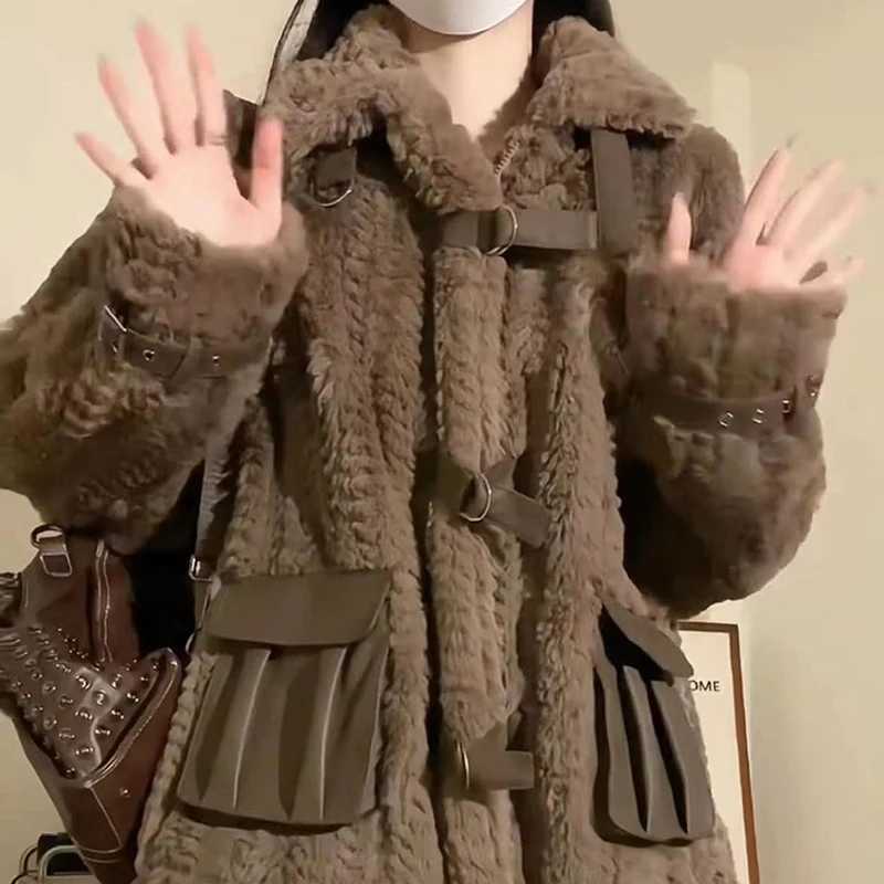 GIDYQ American Retro Lamb Wool Cotton Coat Women Winter Warm Stand Up Collar Long Sleeve Jacket Fashion Loose Plus Fleece TopX241018