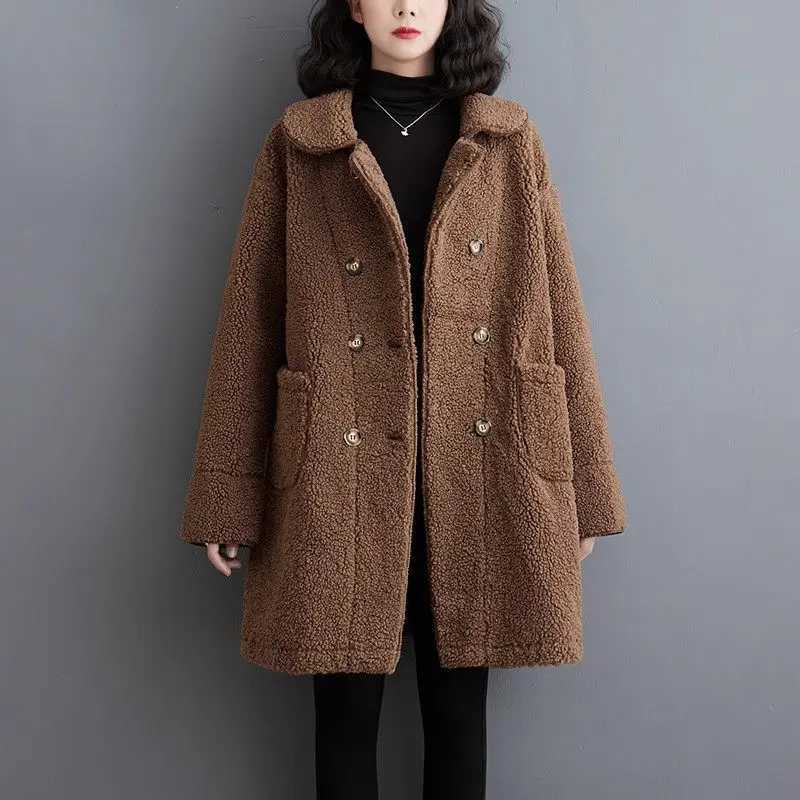 Large Size Womens Plush Jacket 2023 Autumn/Winter New Lapel Collar Lamb Wool Coat Cardigan Warm Medium Length Overcoat Z3997X241018