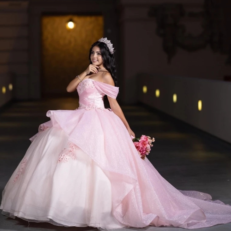 Sparkly Pink Sweetheart Off the Shoulder Princess Ball Gown Quinceanera Dresses Appliques Crystal Tull Sweet 16 Dress vestidos de 15 anos