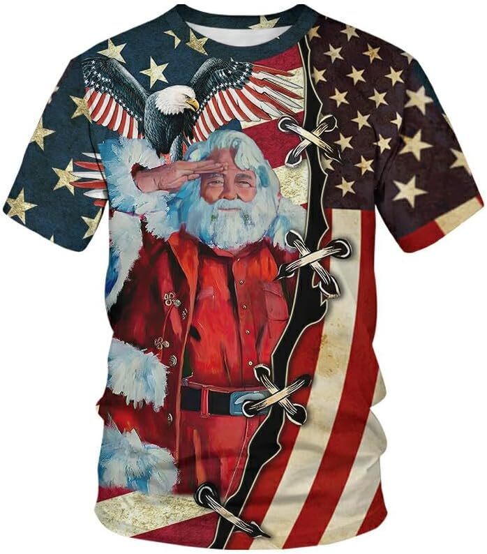 Mens T shirt Family Christmas Shirts Santa Print Patriotic Tshirts for Men American Flag Short Sleeve tee Casual tops summer clothes Fashionable and c