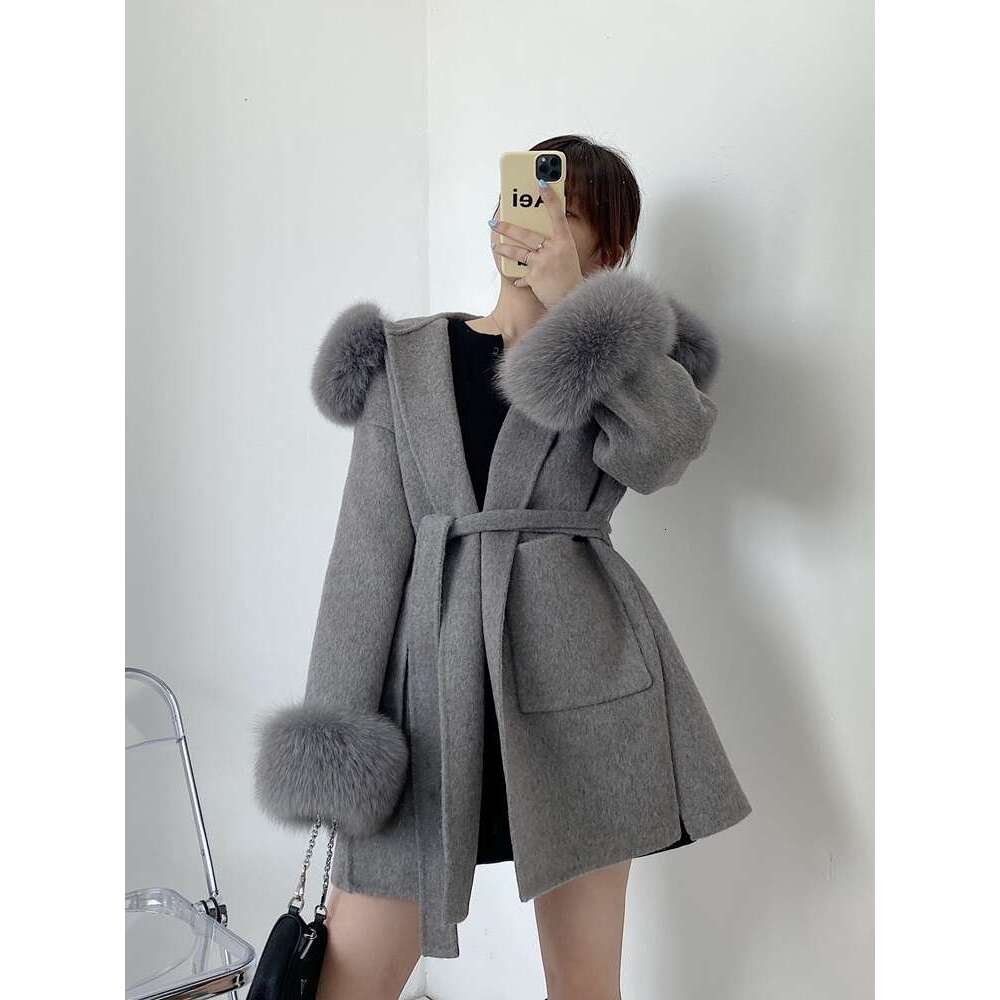 2023 Real Coat New Oversize Ladies Outerwear Winter Jacket Women Natural Fox Fur Collar Cuffs Hood Cashmere Wool Woolen