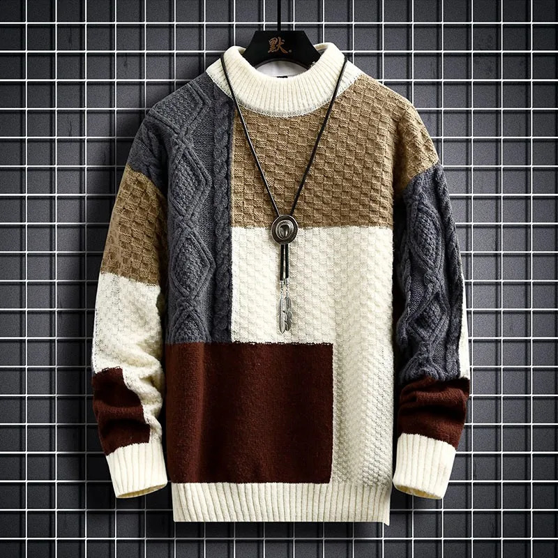 Fashion mens warm knitted sweater patch work O-neck knitted pull-out autumn Korean street clothing pull-out casual mens clothing 241018