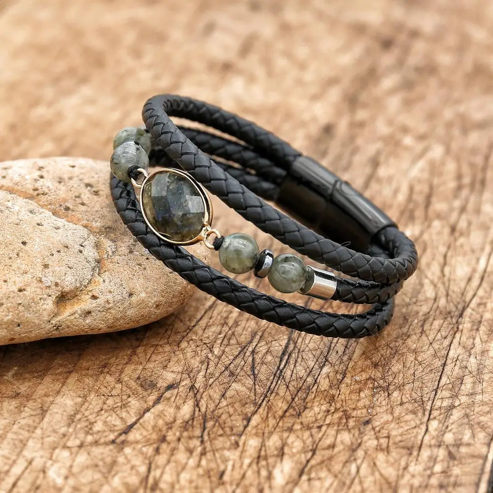 Fashionable Natural Labrador Stone Multi functional Leather Bracelet for Womens Charm Stainless Steel Magnetic Buckle Packaging Bracelet Gift 241018
