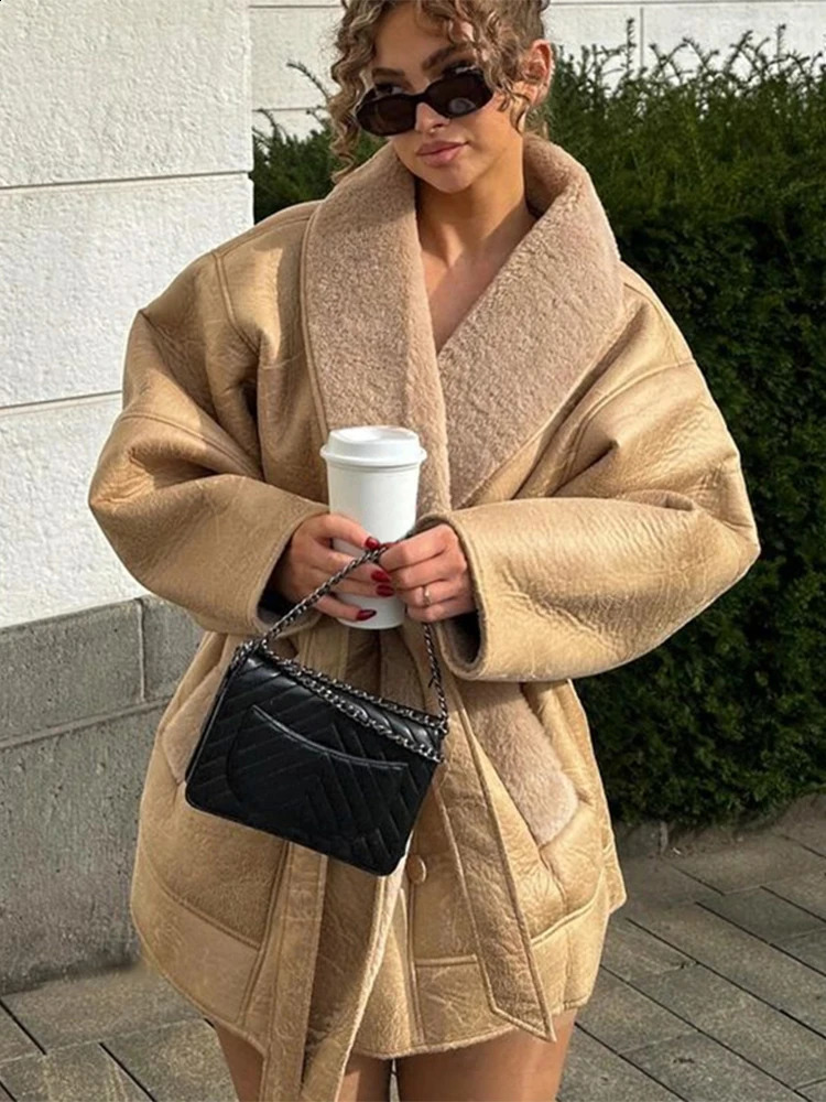 Thick Leather Jacket Women Winter Fashion Plush Single Breasted Turn-down Collar Belts Elegant Coat Female Long Sleeve Overcoat 241017