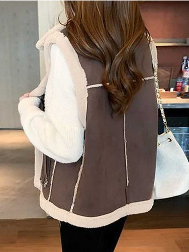 BZVW Leather And Fur Integrated Vest For Women Lapel Zipper Design Contrast Color Lamb Woolen Coats Winter 2024 New 25A8897X241018