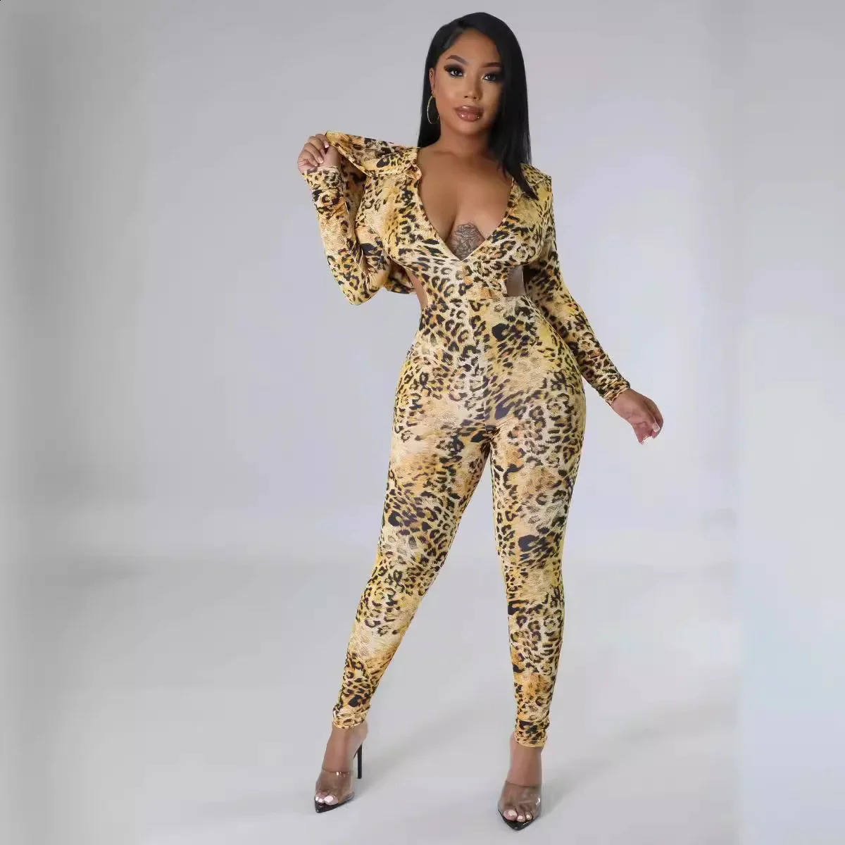 2024 womens jumpsuit autumn and winter sexy leopard print backless hooded style 241018