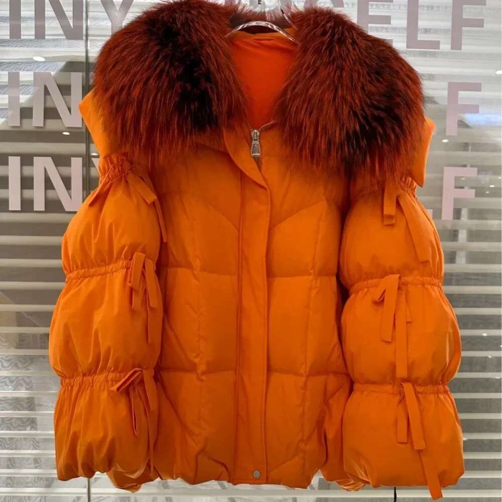 Winter Bow Tie Sleeve Fashion Puffer Coat Natural Real Raccoon Fur Collar Down Jacket Women