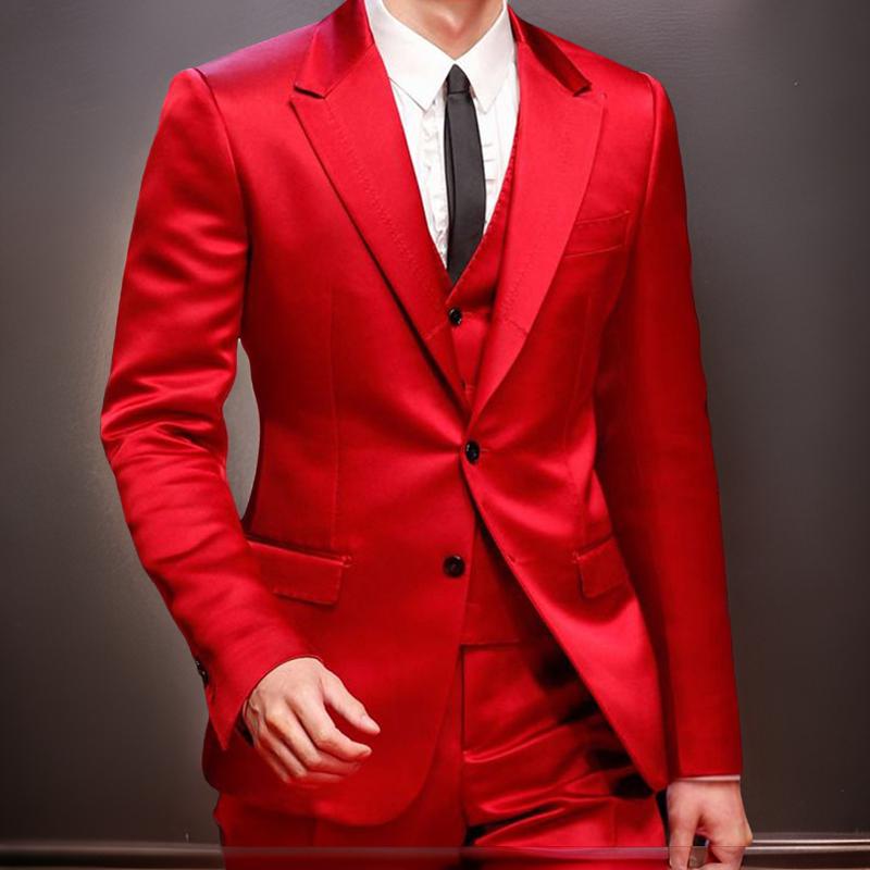 Red Smoking Suits For Men Slim Fit 3 Pieces Wedding Prom Tuxedo Jacket Vest With Pants Male Fashion Clothes Peaked Lapel Costumes