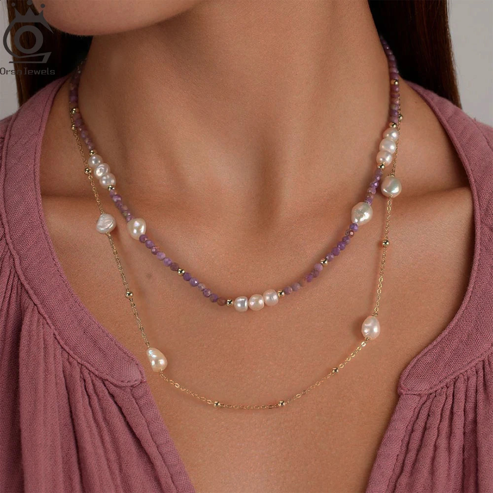 ORSA JEWELS Sweet Necklace 100% 925 Silver Layer Pink Pearl Stone Girl Necklace Pearl Necklace Wholesale MPN01 241018