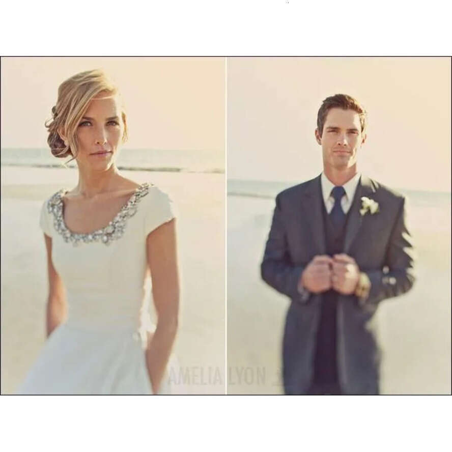 Crystal Vintage E A Dresses Satin Scoop Neck Beaded Swep Train Custom Made Ruched Beach Wedding Gown