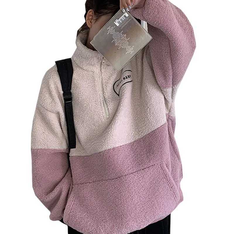 Winter Korean Casual Women Hoodie Sweatshirt Harajuku Lamb Wool Zipper Half High Collar Coat Letters Hush Baby Female PulloverX241018