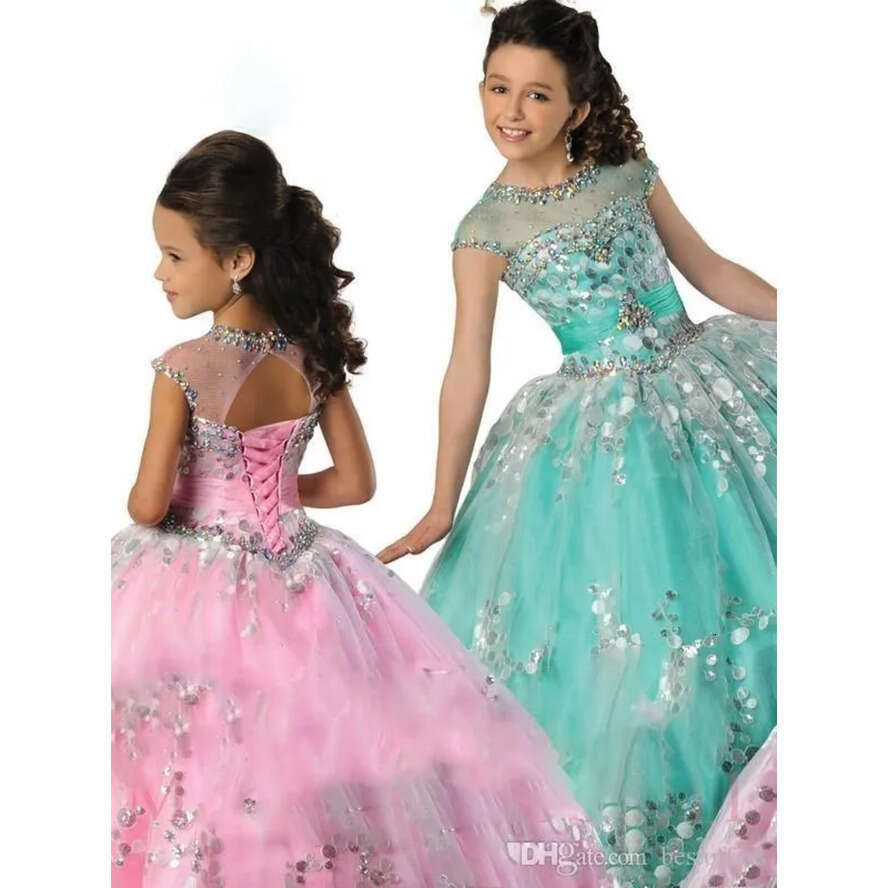 Pageant 2020 Princess Girl's Beaded Ruffles Sheer Neck Ball Gown Or Length Pink Blue Wer Girl Dresses Sequins Dress