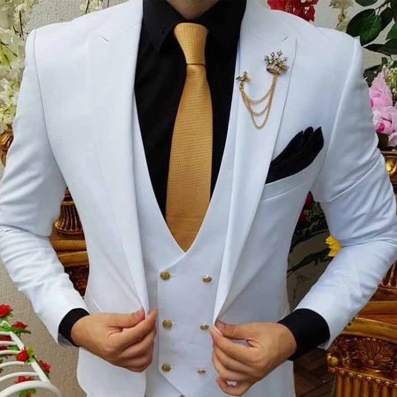 White Wedding Tuxedo Slim Fit Suits for Men 3 Piece Formal Jacket with Double Breasted Waistcoat Pants Male Fashion 2025